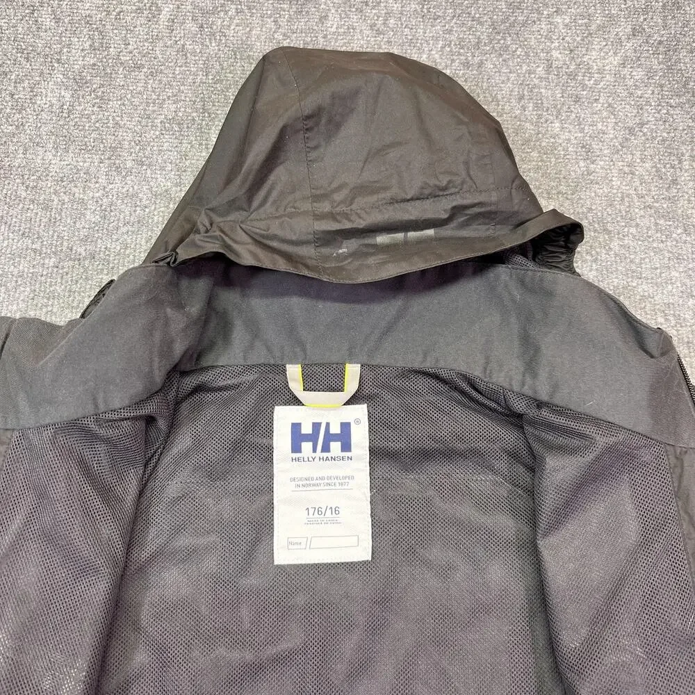 Helly Hansen Jacket Kids 16 Black Hooded Rain Coat Lightweight Mesh Lined